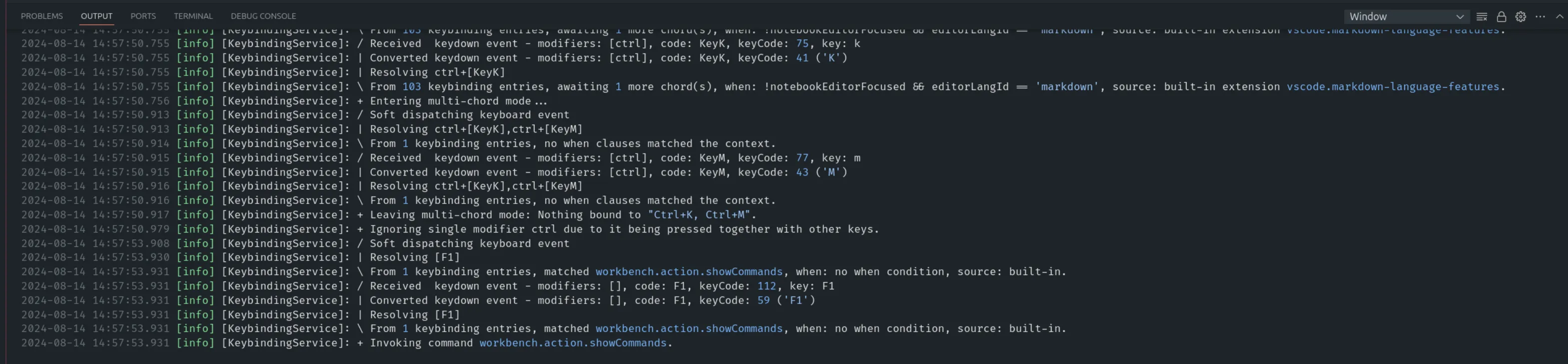 Output panel logging keyboard service